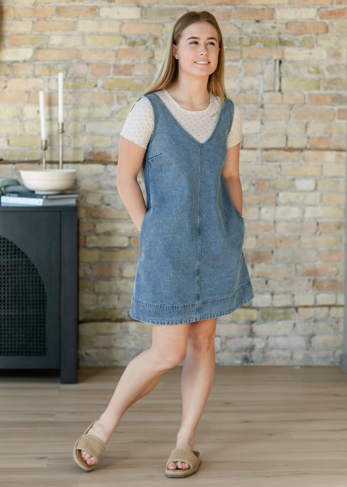 Washed Denim V-Neck Midi Dress FF Dresses