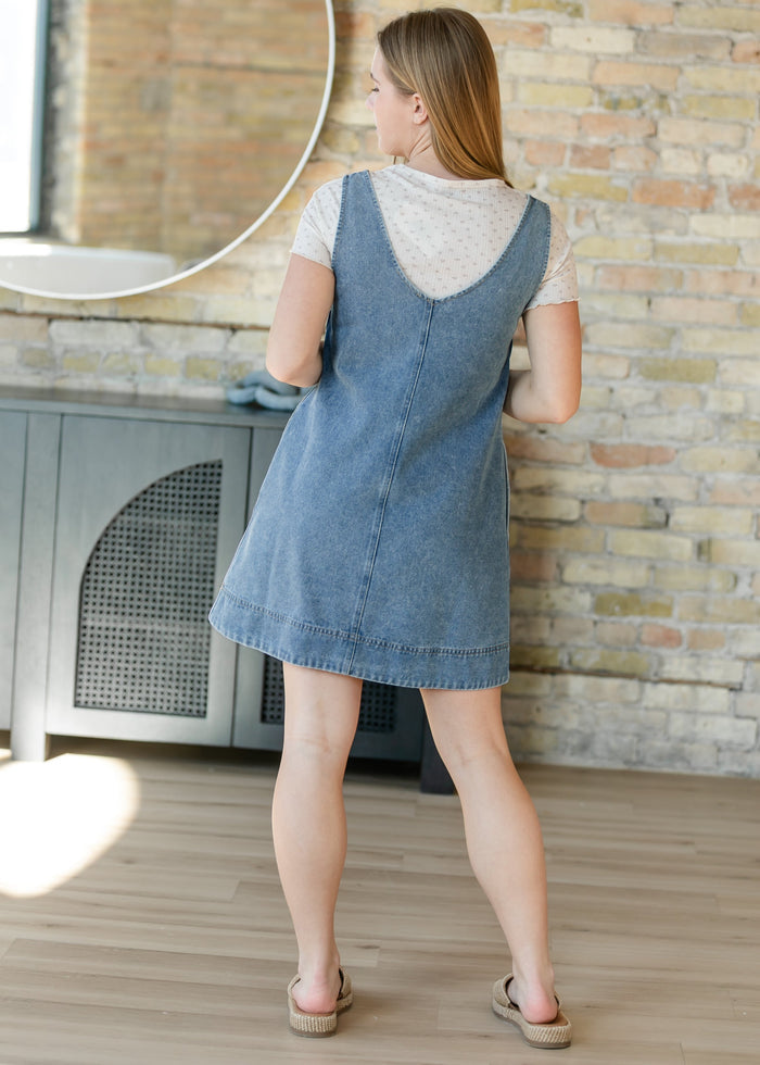 Washed Denim V-Neck Midi Dress FF Dresses