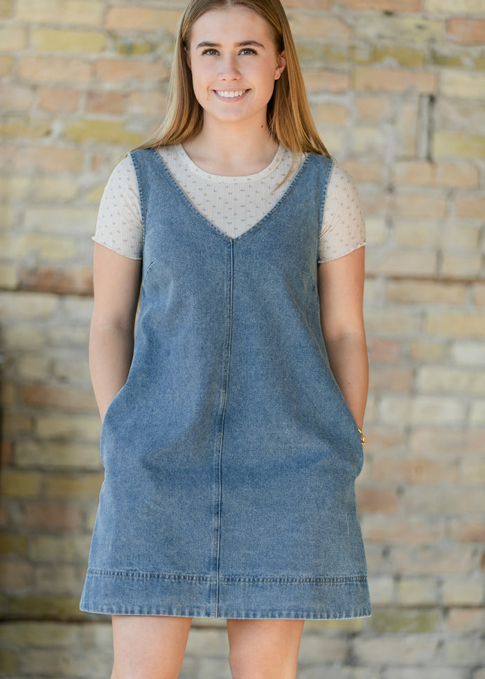 Washed Denim V-Neck Midi Dress FF Dresses