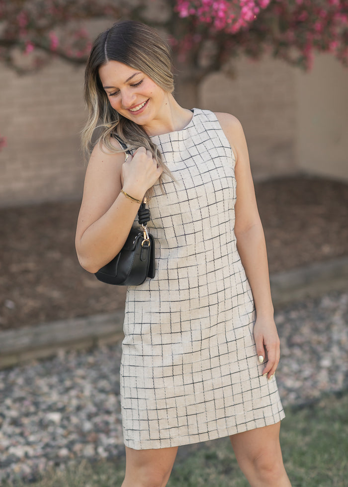 Windowpane Shift Midi Dress FF Dresses