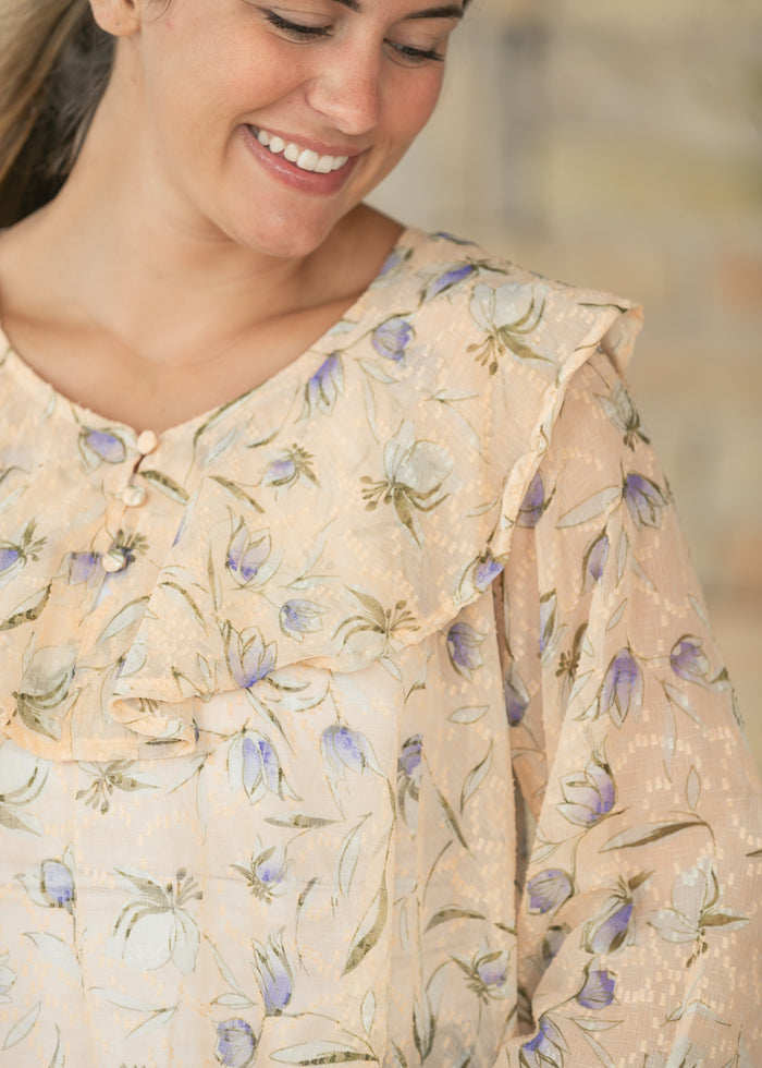 Woven Floral Print Ruffle Top FF Tops