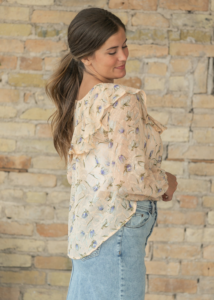 Woven Floral Print Ruffle Top FF Tops