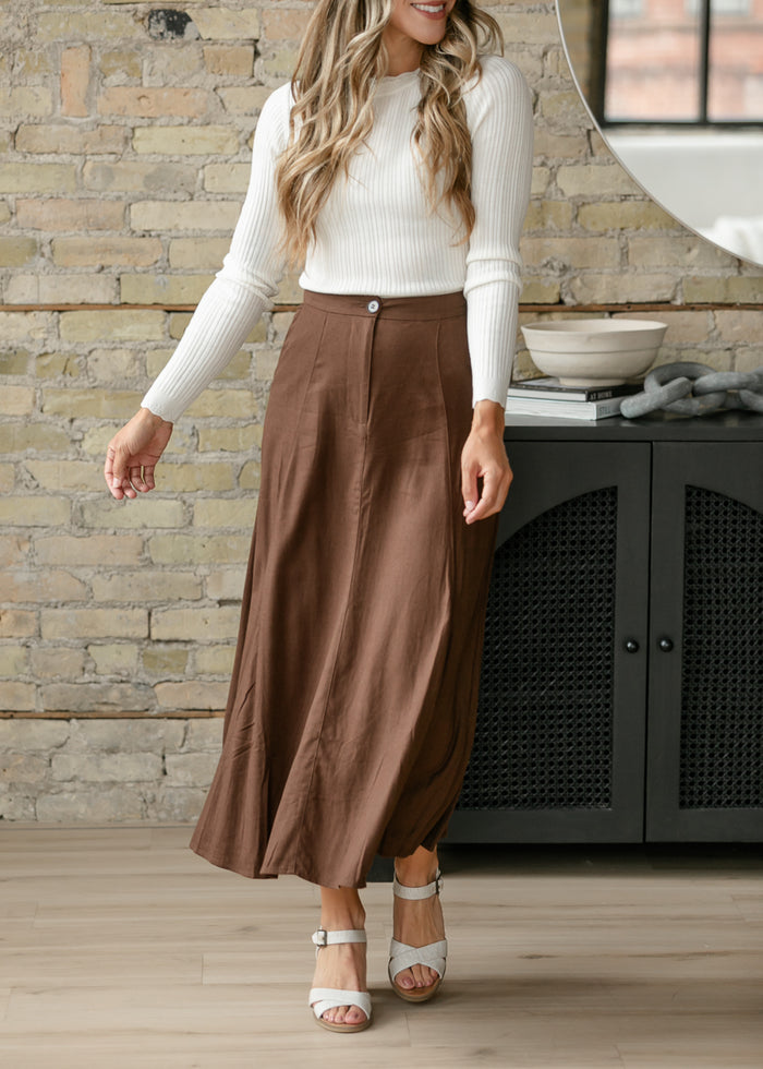 Woven Linen Blend Brown Maxi Skirt FF Skirts