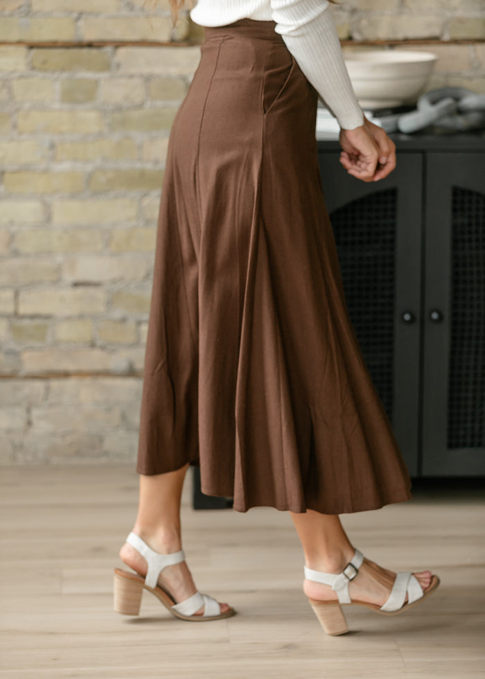 Woven Linen Blend Brown Maxi Skirt FF Skirts