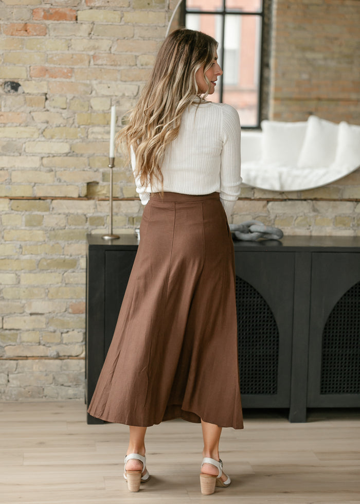 Woven Linen Blend Brown Maxi Skirt FF Skirts