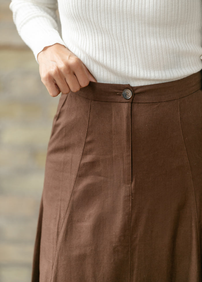 Woven Linen Blend Brown Maxi Skirt FF Skirts