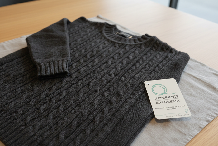 Branberry cable knit jumper with brand label — Australian made knitwear since 1939