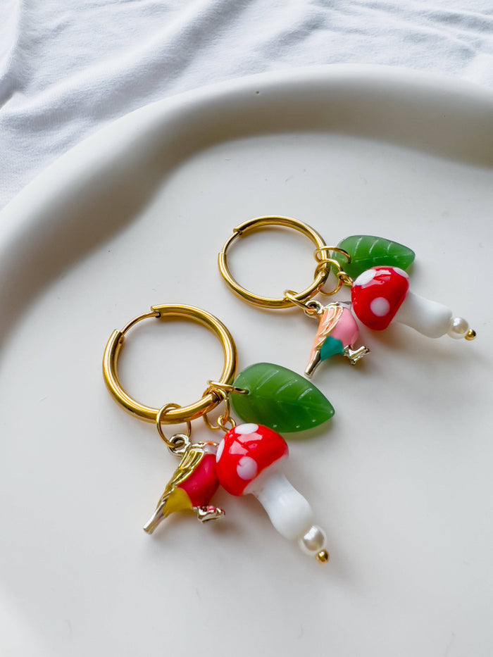 Yellow Dots Studio - Birds and Mushrooms Earrings | Glass Bead Earrings