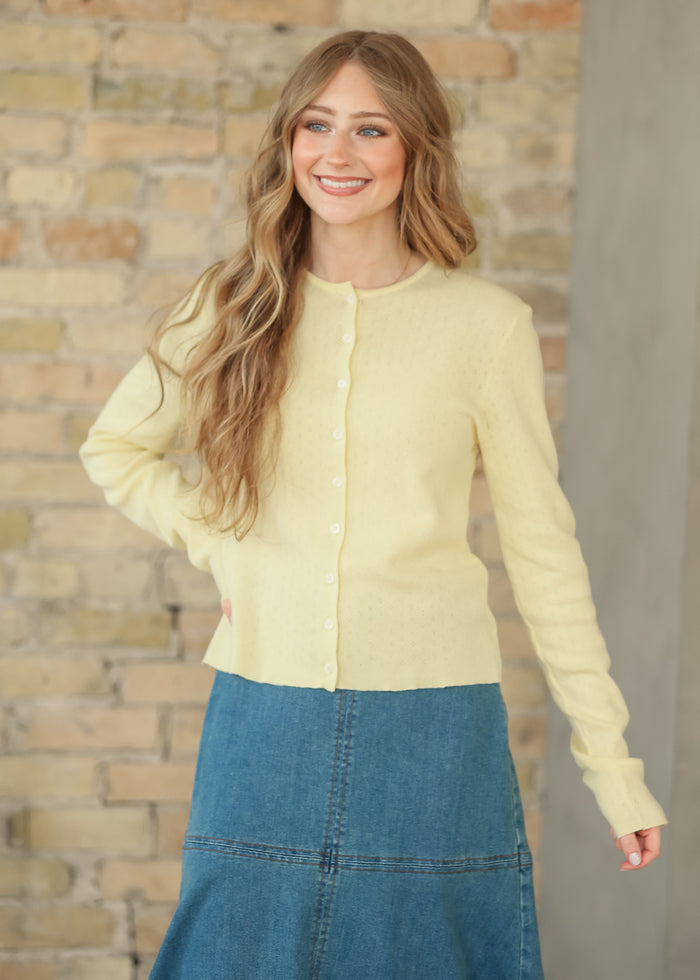 Yellow Pointelle Lightweight Cardigan FF Tops