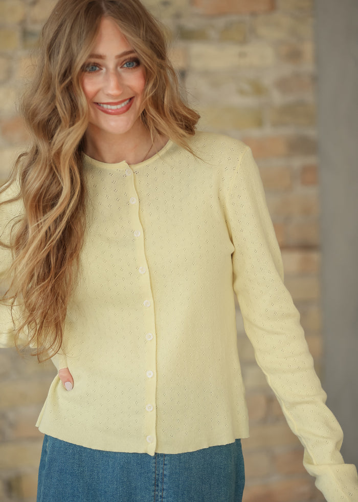 Yellow Pointelle Lightweight Cardigan FF Tops