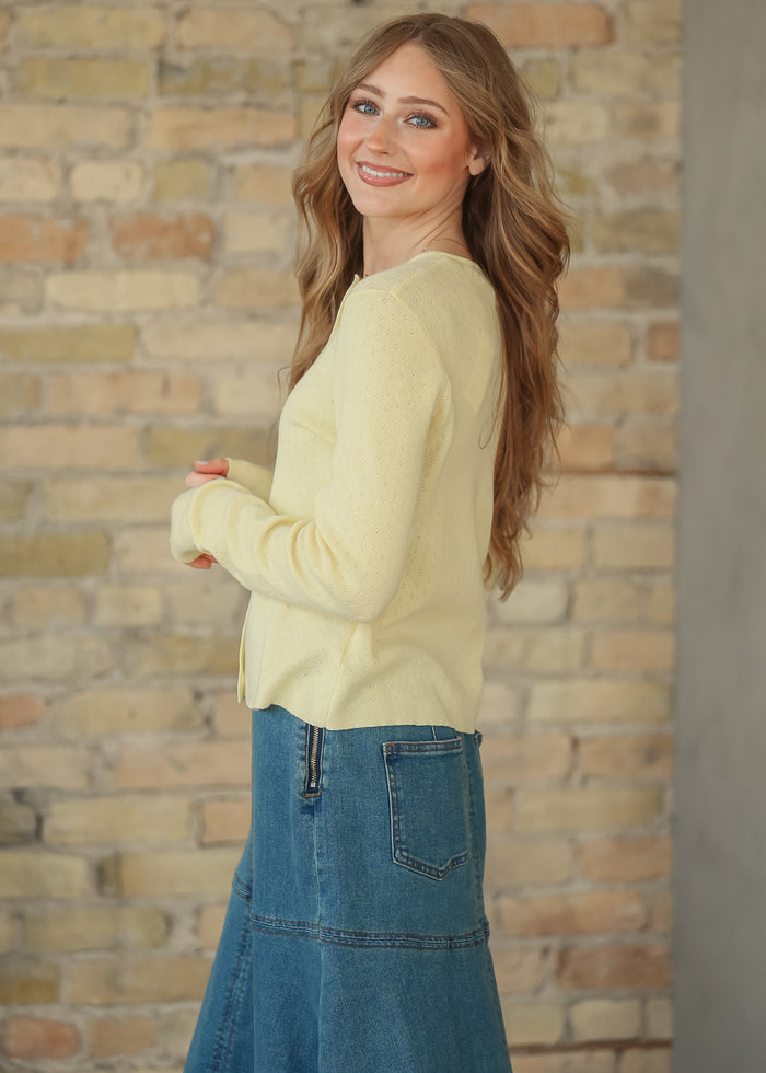 Yellow Pointelle Lightweight Cardigan FF Tops