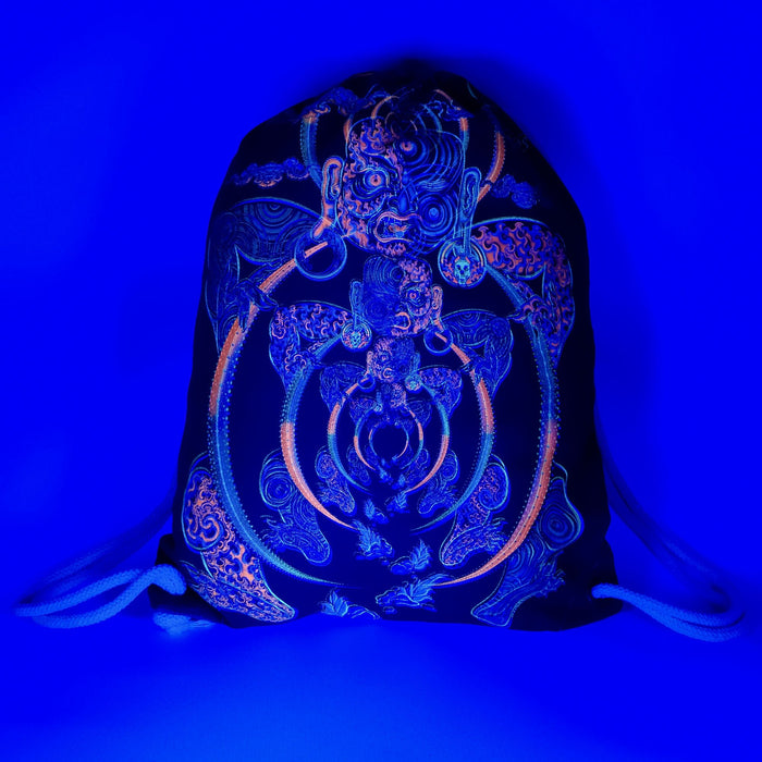 Yogabhoga Drawstring Bag Psychedelic Art Print on Black T-Shirt by Symbolika