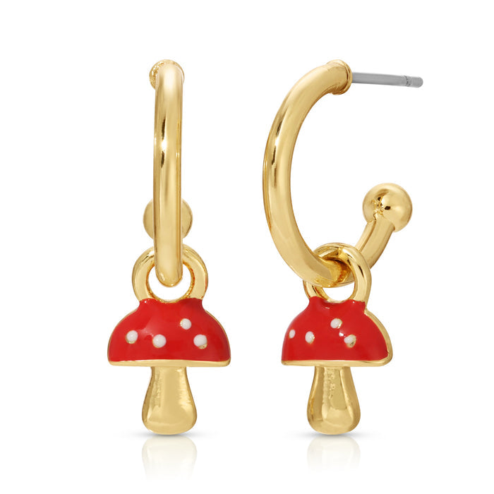 Pair of gold hoop earrings with a mushroom charm.